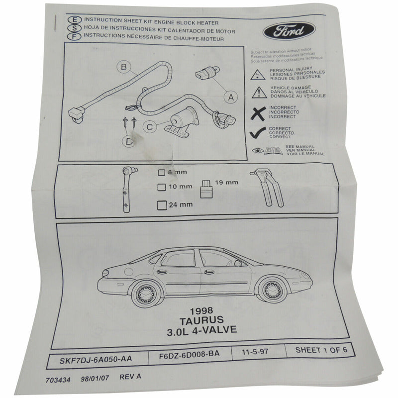 Engine Block Heater Kit 1996-99 Ford Taurus Mercury Sable 3.0L F6DZ-6D008-BA-5